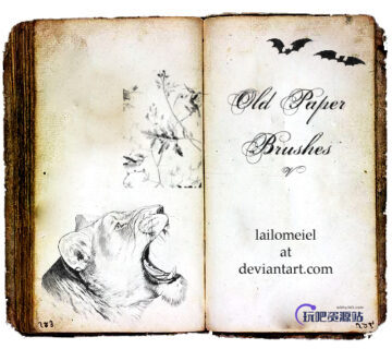 灰暗老旧书记背景纹理图案、黄皮书纸张材质、蝙蝠老虎马头等图案PS笔刷下载-玩吧资源站