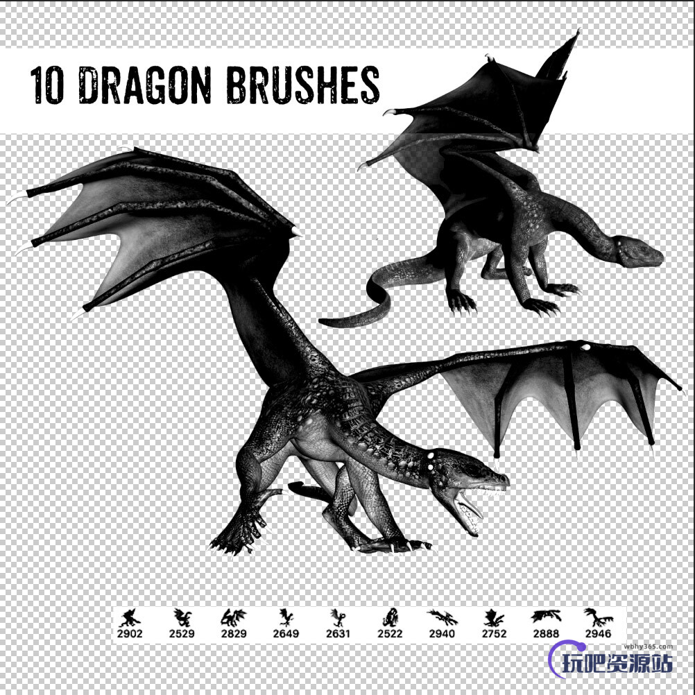10种西方恶龙、蜥蜴魔龙图案Photoshop笔刷下载