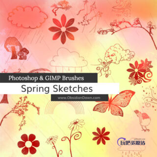 手绘涂鸦式树叶、蝴蝶、花草、小鸟、下雨云、风筝等图案PS笔刷下载-玩吧资源站