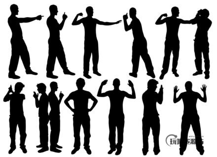 12种男性的各种防卫、投降、进攻的姿势剪影图案PS笔刷下载-玩吧资源站