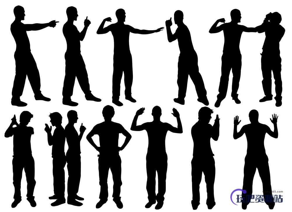 12种男性的各种防卫、投降、进攻的姿势剪影图案PS笔刷下载