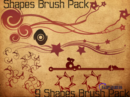 手绘非主流时尚背景装饰漩涡花纹、五角星图案Photoshop笔刷下载-玩吧资源站