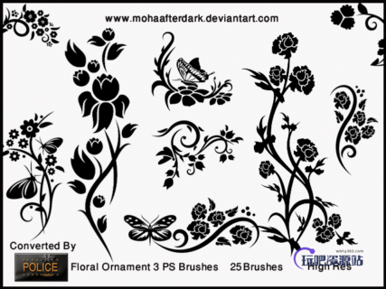 优雅漂亮的植物鲜花、蝴蝶印花花纹Photoshop笔刷素材下载-玩吧资源站