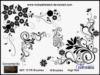 手绘艺术植物印花、鲜花花朵图案Photoshop笔刷下载-玩吧资源站