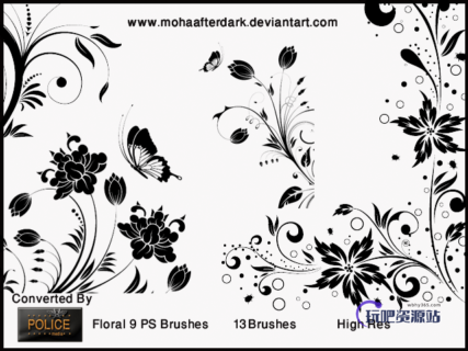 高雅的鲜花花朵图案、鸟语花香印花Photoshop笔刷下载-玩吧资源站