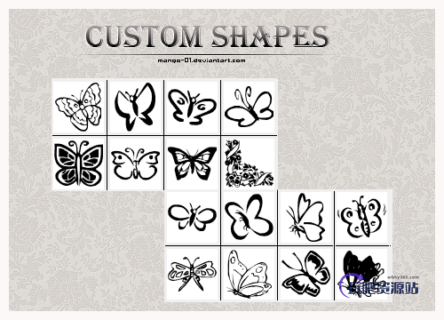 手绘涂鸦式蝴蝶花纹图案photoshop自定义形状素材 .csh 下载-玩吧资源站