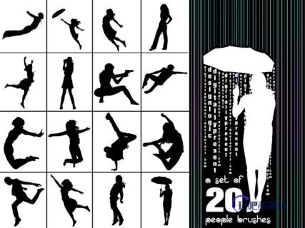 20种舞蹈姿势图案Photoshop轮廓剪影素材笔刷-玩吧资源站