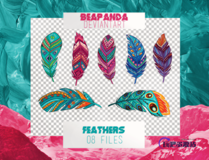 漂亮的手绘七彩羽毛装饰笔刷下载（PNG免扣图透明格式）-玩吧资源站