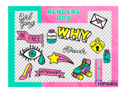 春春靓丽女孩美图贴纸元素之韩国笔刷风格下载（PNG免扣图透明格式）-玩吧资源站