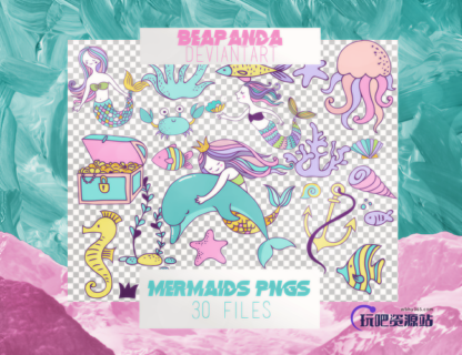 卡哇伊美人鱼卡通贴纸装扮之韩国笔刷风格下载（PNG免扣图透明格式）-玩吧资源站
