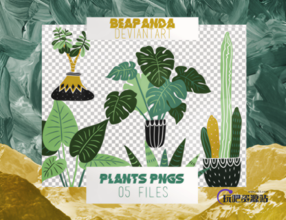 漂亮卡通绿叶植物图案之韩国笔刷风格下载（PNG免扣图透明格式）-玩吧资源站