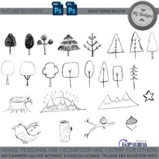 手绘涂鸦小树Photoshop笔刷素材下载-玩吧资源站