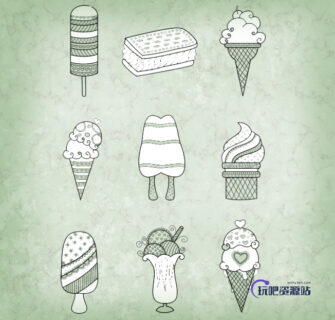手绘冰淇淋、棒冰、雪糕等甜品图案Photoshop笔刷素材下载-玩吧资源站