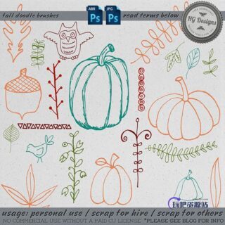 手绘童趣涂鸦南瓜、猫头鹰、植物印花图案Photoshop笔刷素材下载-玩吧资源站