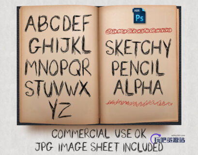 手划线涂鸦式英文字母Photoshop笔刷素材下载-玩吧资源站