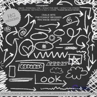 手绘蜡笔、粉笔涂鸦箭头、圆圈、标记等图案Photoshop笔刷素材下载-玩吧资源站