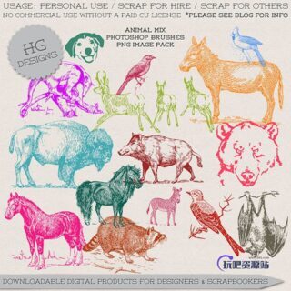 手绘驴子、野熊、野鹿、鸟兽、小狗、斑马、蝙蝠等PS图形笔刷-玩吧资源站