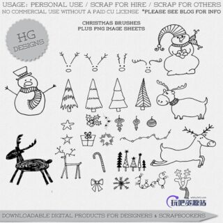 手绘涂鸦雪人、圣诞节树、挂饰品图案PS美图笔刷-玩吧资源站