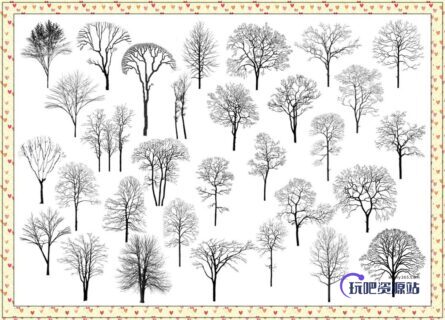 森林树枝、大树剪影Photoshop树木笔刷素材-玩吧资源站