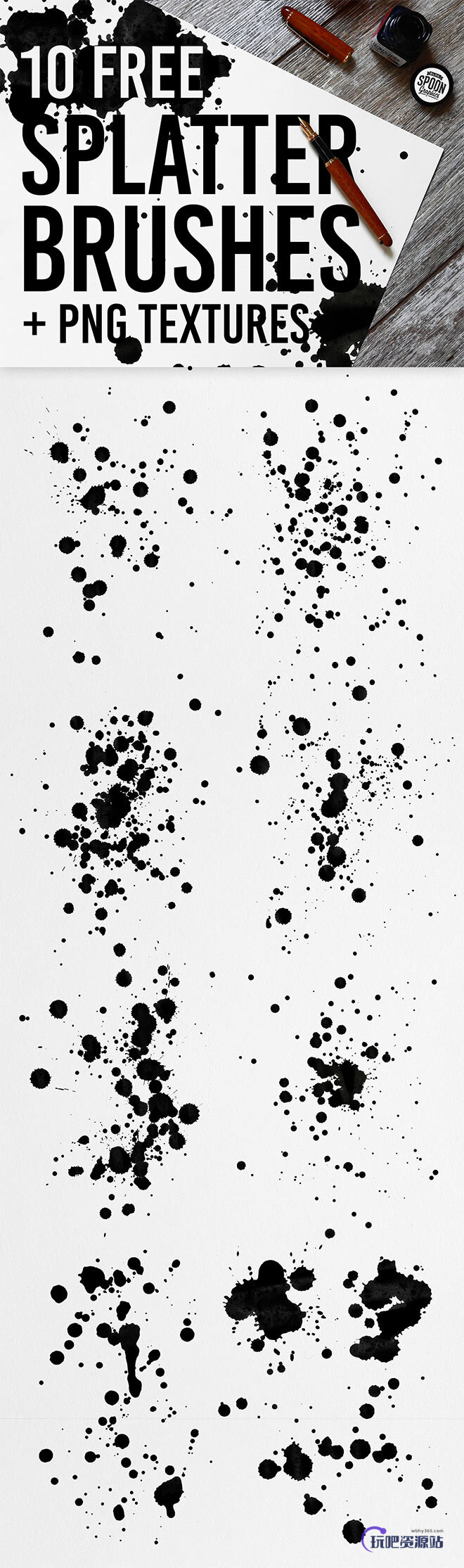 10个免费的墨水飞溅纹理、水墨滴溅效果Photoshop笔刷素材