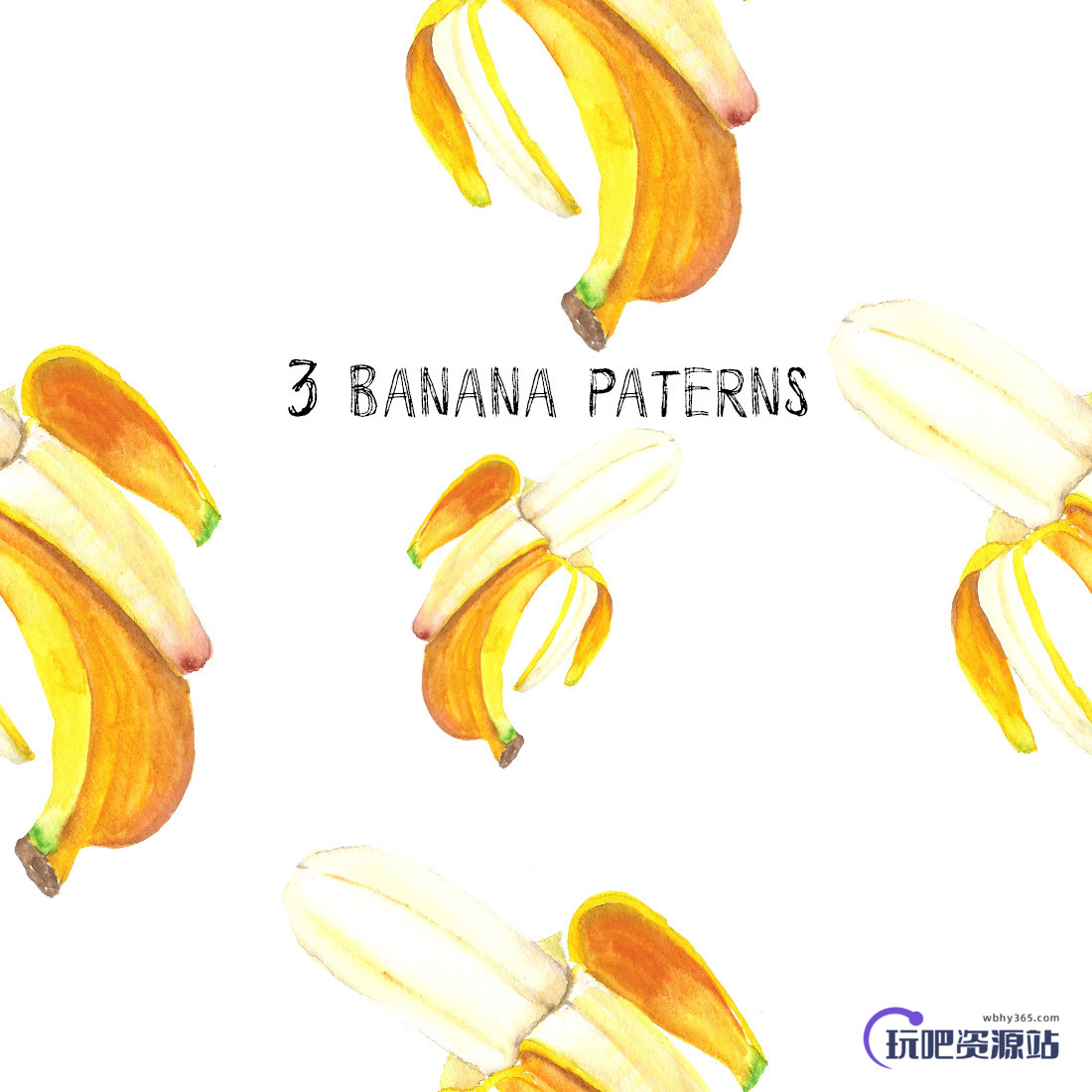 3种漂亮的水彩风格香蕉图案Photoshop填充图案底纹素材 Patterns 下载