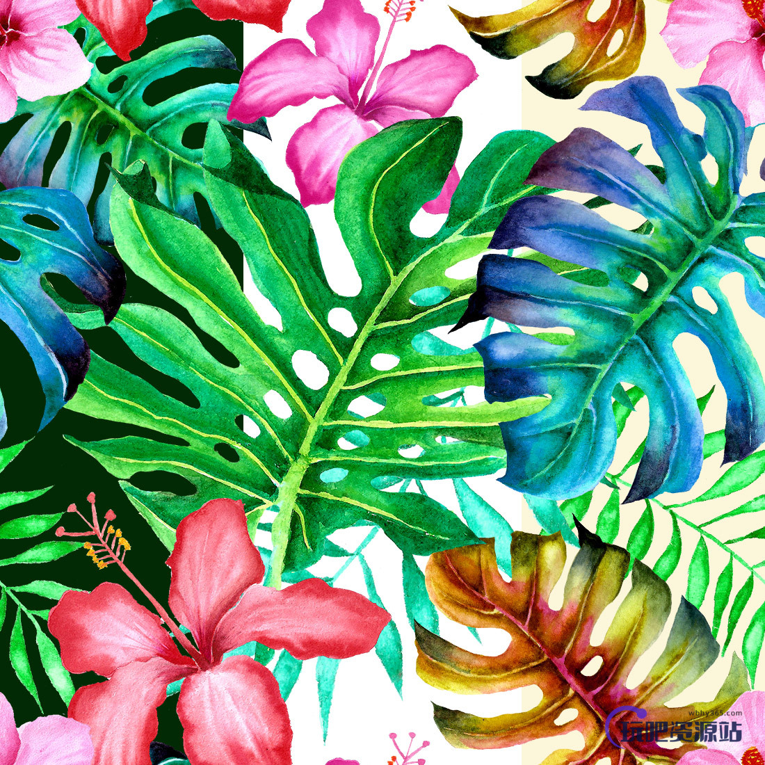鲜艳的鲜花、叶子背景花纹图形Photoshop填充图案底纹素材 Patterns 下载