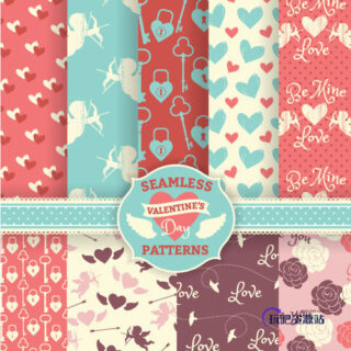 9种丘比特之心情人节背景Photoshop填充图案文件底纹素材 .pat 下载-玩吧资源站
