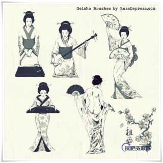 日本艺妓造型版刻图案PS笔刷下载-玩吧资源站