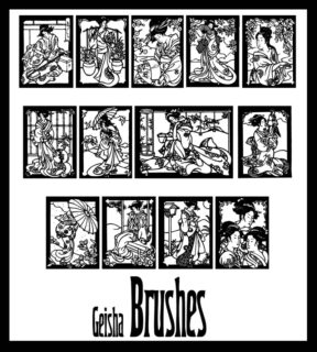 日本浮世绘线框艺妓图案PS日本文化笔刷-玩吧资源站