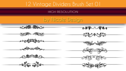 12种复古风格的艺术花纹分割线图案PS笔刷下载-玩吧资源站