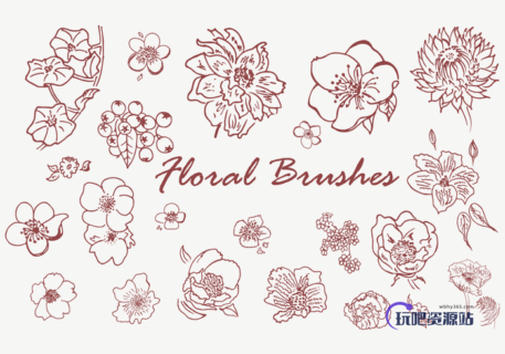 漂亮的手绘鲜花花朵图案Photoshop印花花纹笔刷素材-玩吧资源站