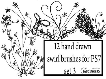 12种童趣手绘涂鸦式植物印花图案Photoshop笔刷素材下载-玩吧资源站