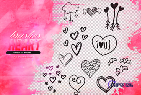 可爱的手绘爱心涂鸦、美图心形图案Photoshop笔刷素材下载-玩吧资源站