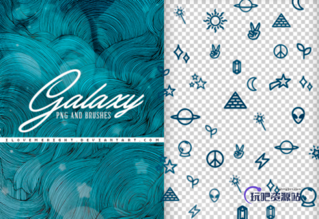 手绘太阳、行星、金字塔、月亮、外星人、魔法棒、闪电、禾苗、水晶钻等符号PS笔刷-玩吧资源站