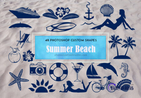 48种海洋元素图形沙滩女郎、贝壳、邮轮、椰汁、船锚、海马、海豚、鸡尾酒、救生圈、椰树、海星、相机等PS自定义形状素材 .csh 下载-玩吧资源站