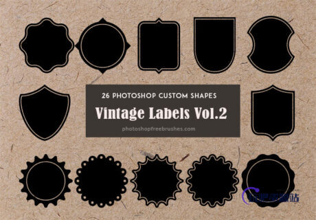 26种复古式标签图案PS自定义形状素材.csh下载-玩吧资源站