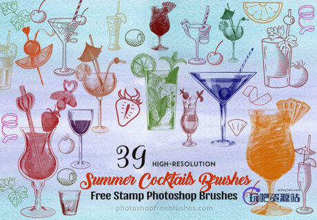 39种夏季鸡尾酒杯、沙滩饮料图案Photoshop笔刷素材下载-玩吧资源站