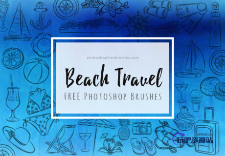 夏季海滩、沙滩元素帆船、船锚、指南针、游轮、椰汁、拖鞋、相机等PS笔刷-玩吧资源站