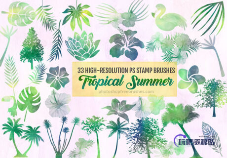 33种树木、植物叶子、鲜花花朵图案Photoshop笔刷素材下载-玩吧资源站