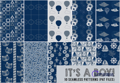 10种男孩、儿童风格的背景填充图案Photoshop图案底纹素材.pat（可以无缝拼接）-玩吧资源站