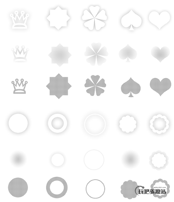 皇冠、四叶草、红桃心、爱心、圆圈等花纹图案Photoshop笔刷素材下载