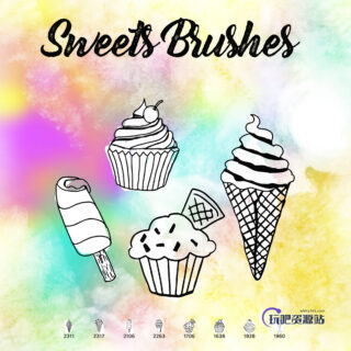 可爱卡通纸杯蛋糕、冰淇淋甜筒图形素材PS笔刷免费下载-玩吧资源站