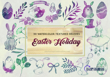 30种复活节可爱小兔子、复活节蛋、植物鲜花花纹图案Photoshop笔刷下载-玩吧资源站