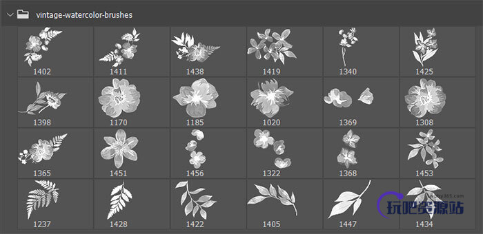 32水彩风格的鲜花花朵植物印花图案Photoshop笔刷素材下载
