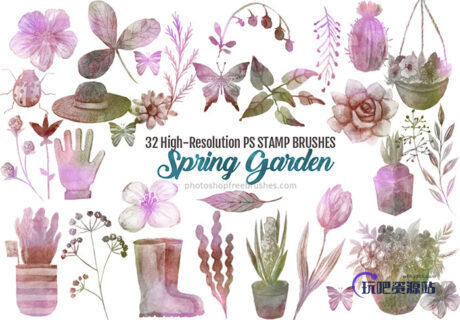 32种高清水彩花园主题装饰图案Photoshop笔刷素材下载-玩吧资源站
