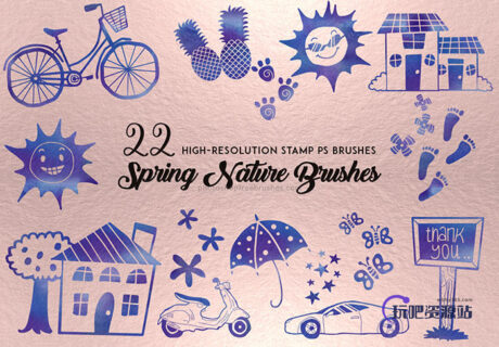 22种生活元素图案、可爱图形装扮Photoshop笔刷素材下载-玩吧资源站