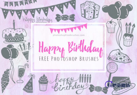 22种免费的生日派对蛋糕、气球、彩旗、糖果、蜡烛、棒棒糖等Photoshop可爱笔刷素材下载-玩吧资源站