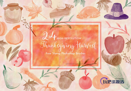 24种水彩绘画食物、帽子、水果等图形Photoshop笔刷素材下载-玩吧资源站