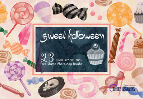 23种万圣节的糖果、棒棒糖、蛋糕等礼品Photoshop笔刷素材下载-玩吧资源站