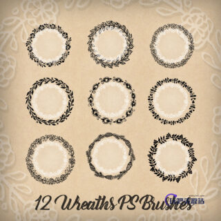 12种精美植物印花花圈图案Photoshop笔刷素材下载-玩吧资源站